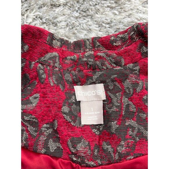 Chicos Blazer Womans 8/10 Red Floral Rayon Brocade Long Jacket Jacquard Coat - Picture 6 of 10